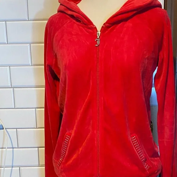Retro, Juicy Couture, Cherry Red Velour, Zip Up, Juniors Extra Small, EUC - Picture 2 of 11